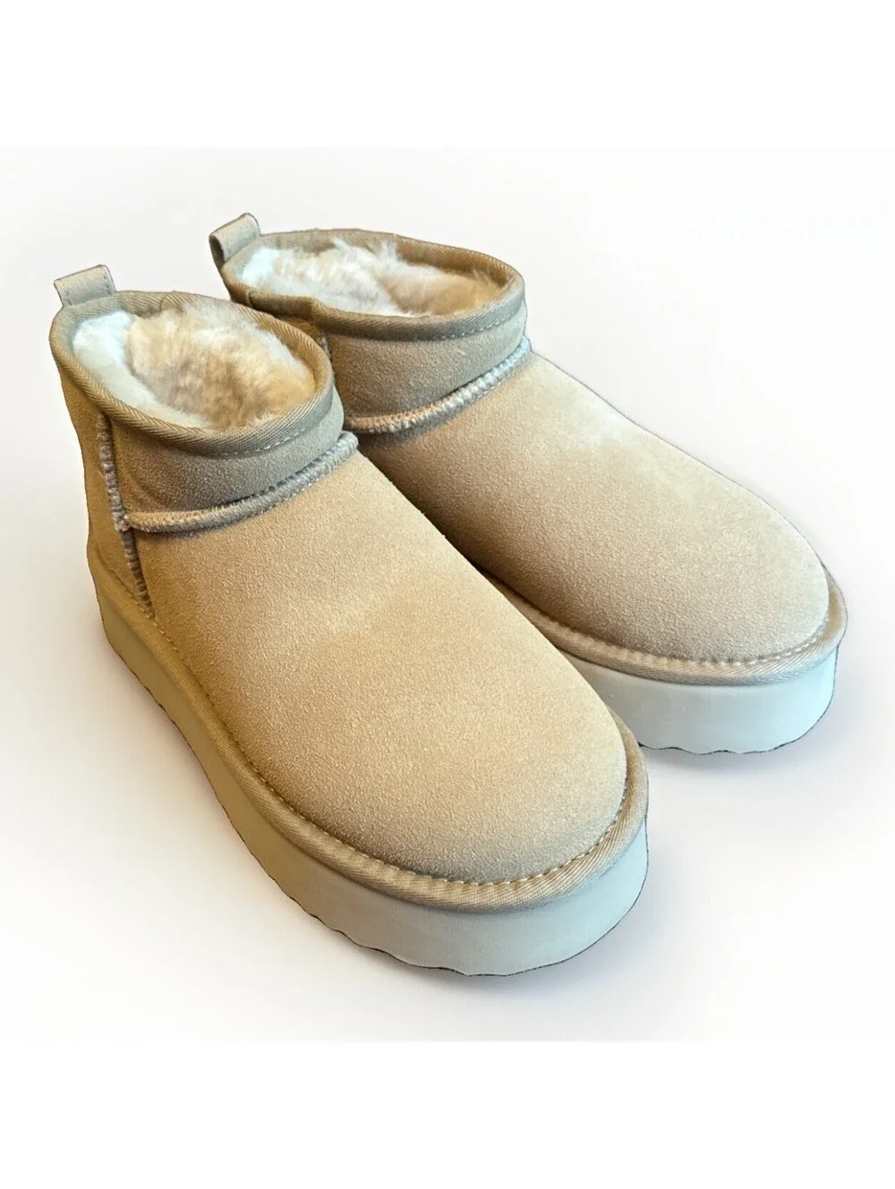 New Beige Chunky Platform Ankle Boots Booties Faux Fur Lined Ladies Size 5